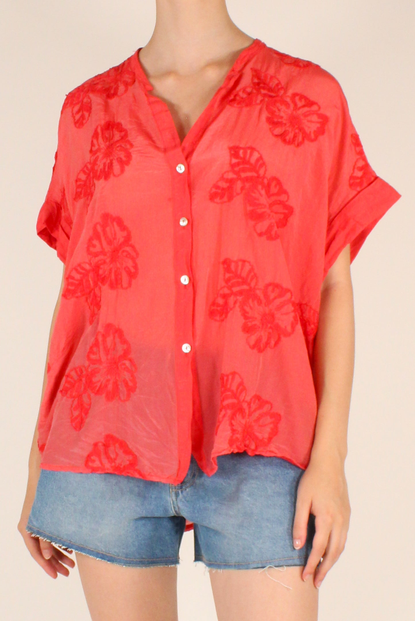 Camicia Ricamata Floreale in Mussola Misto Seta