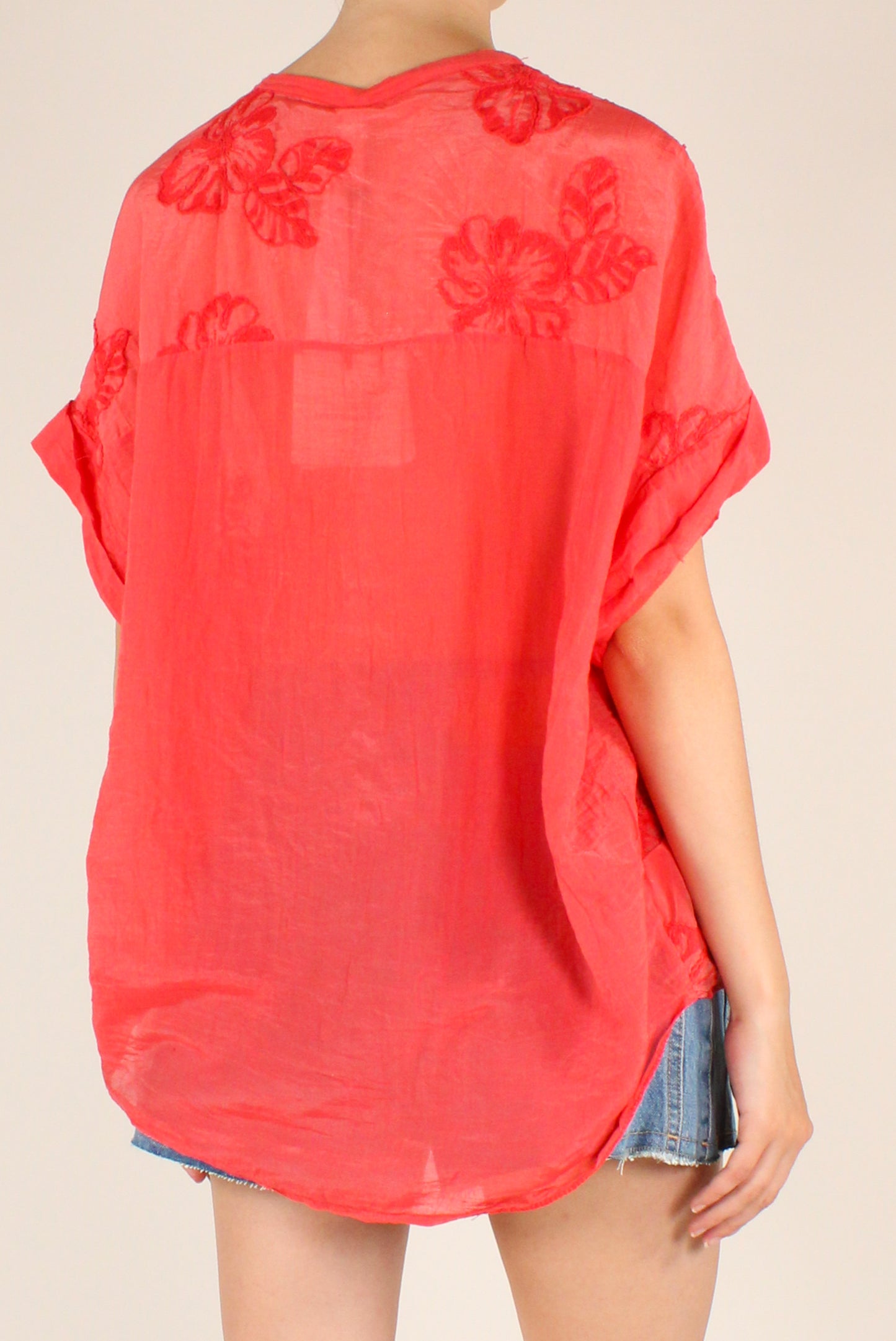 Camicia Ricamata Floreale in Mussola Misto Seta