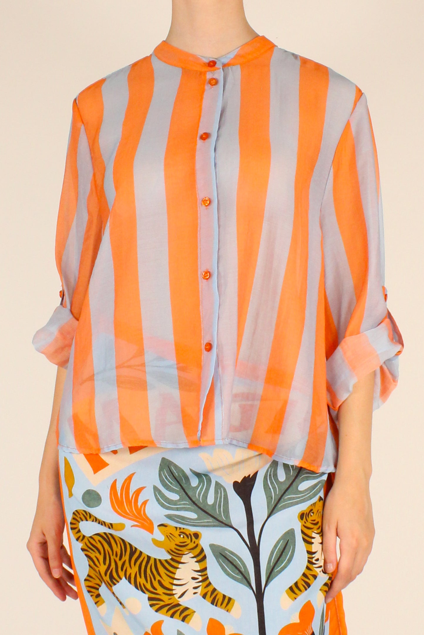 Camicia Stampa a Righe Arancio/Celeste
