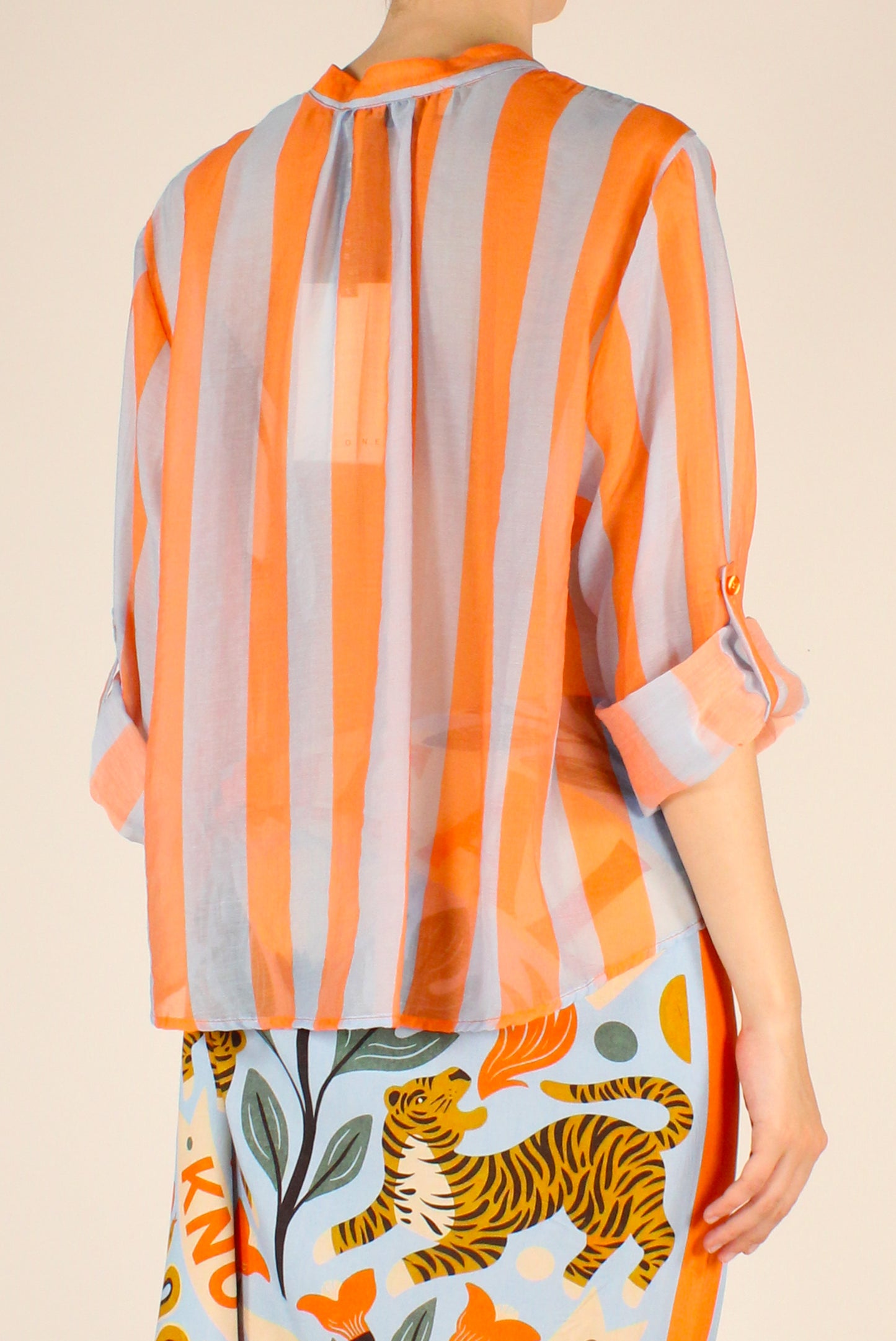 Camicia Stampa a Righe Arancio/Celeste