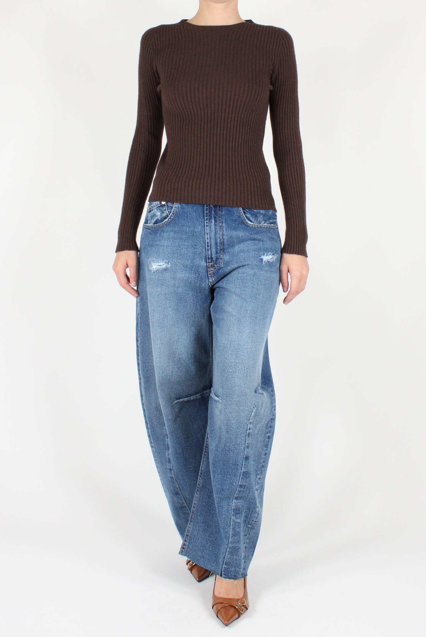 Ribbed Viscose Blend Crew Neck Sweater