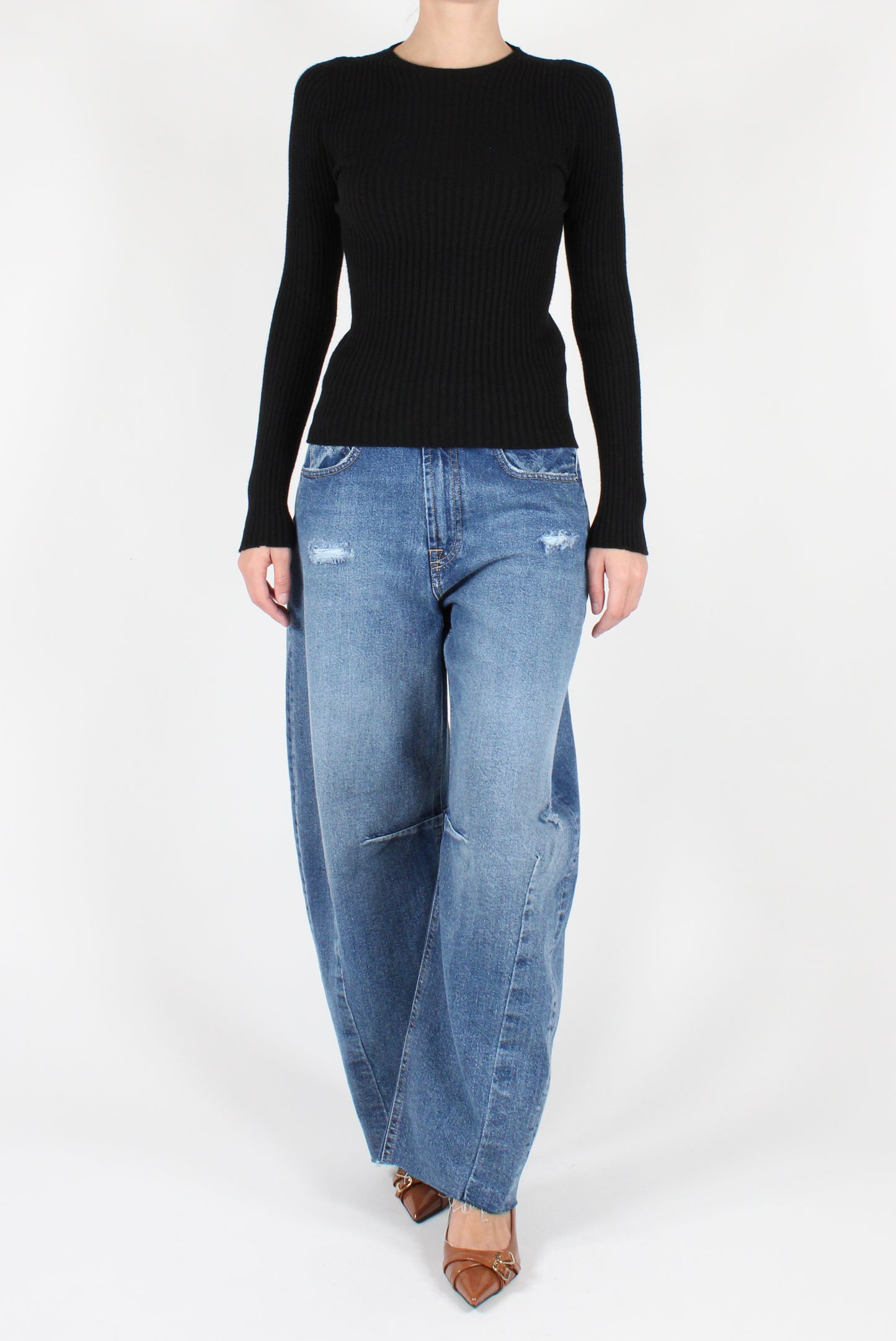 Ribbed Viscose Blend Crew Neck Sweater