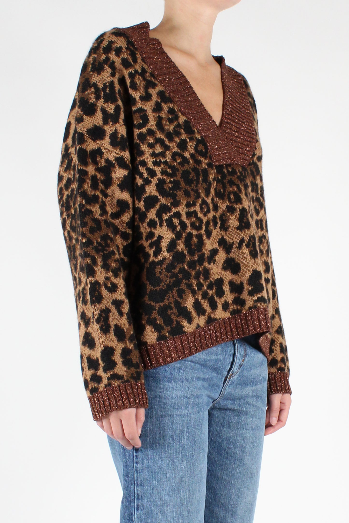 Animalier V-Neck Sweater with Lurex 