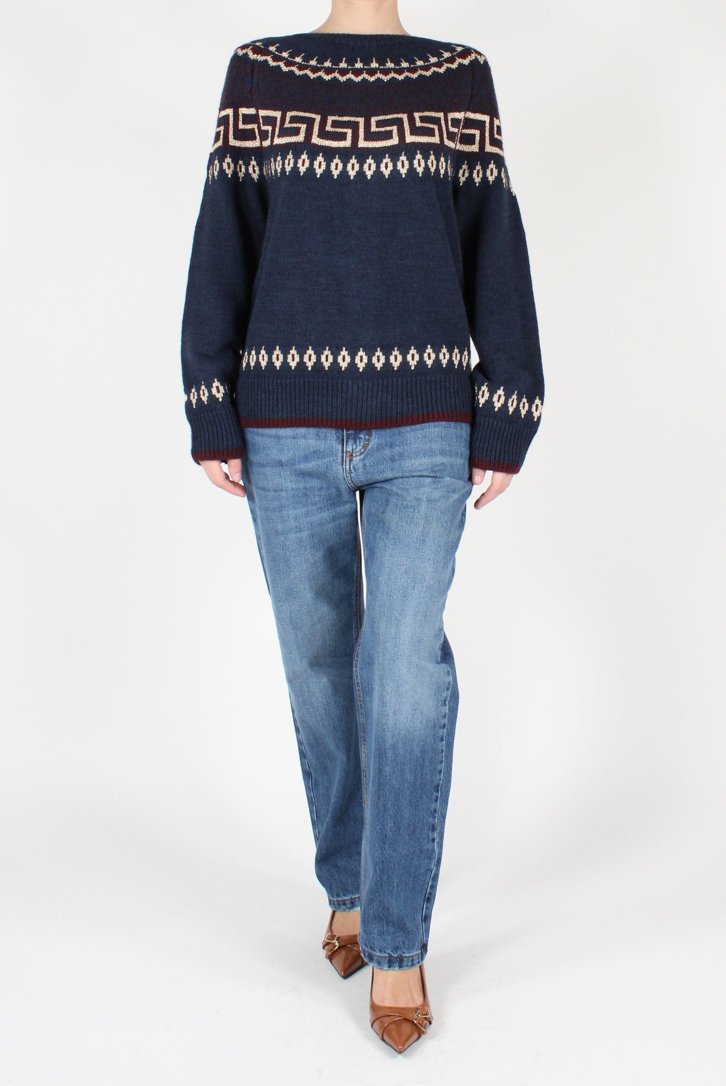 Geometric Decor Boat Neck Sweater