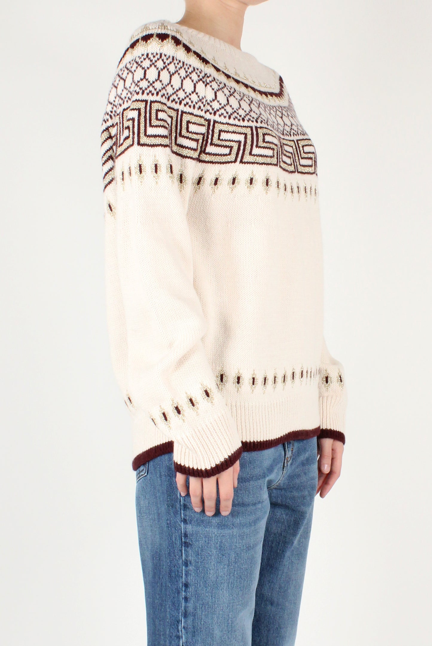 Geometric Decor Boat Neck Sweater