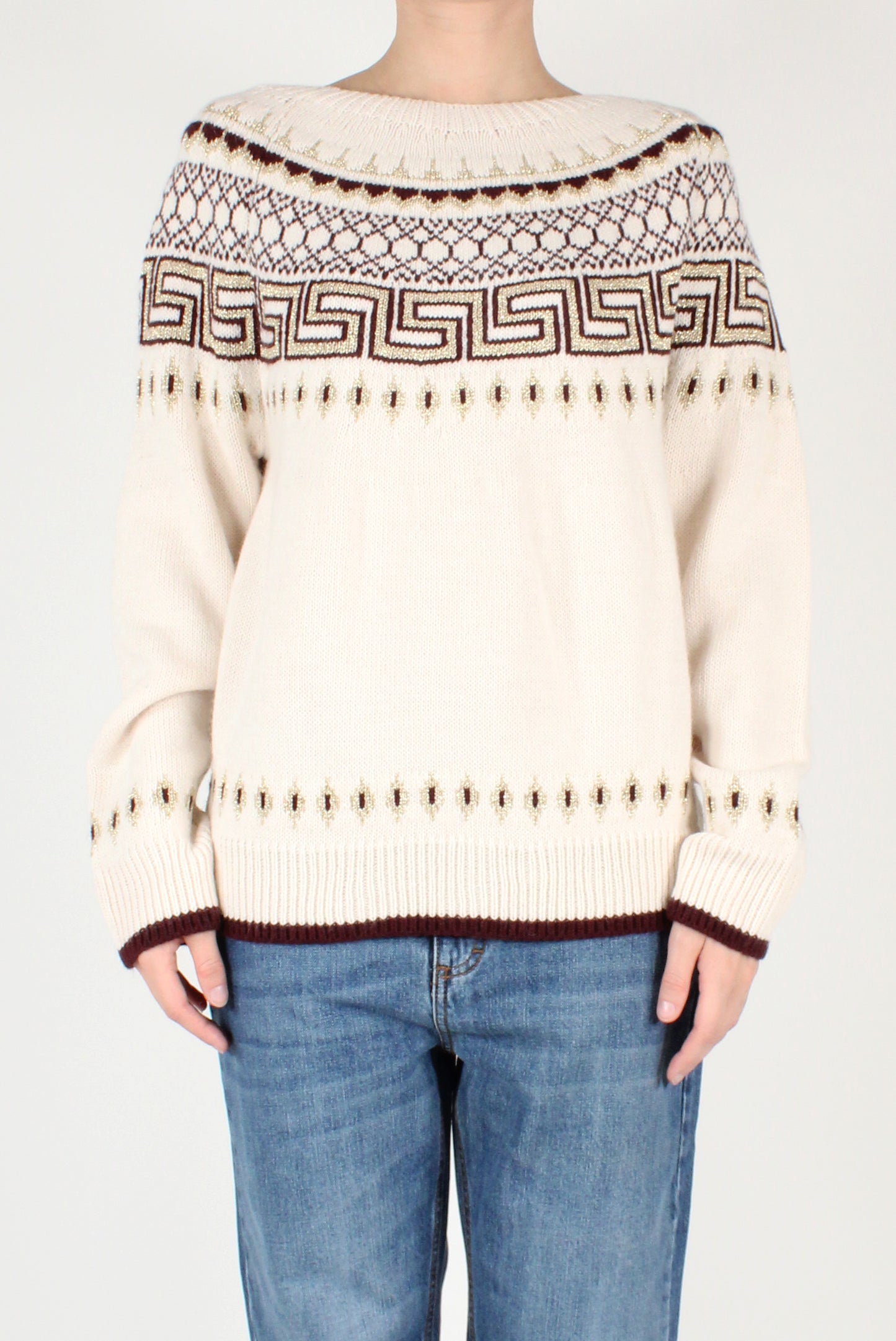 Geometric Decor Boat Neck Sweater