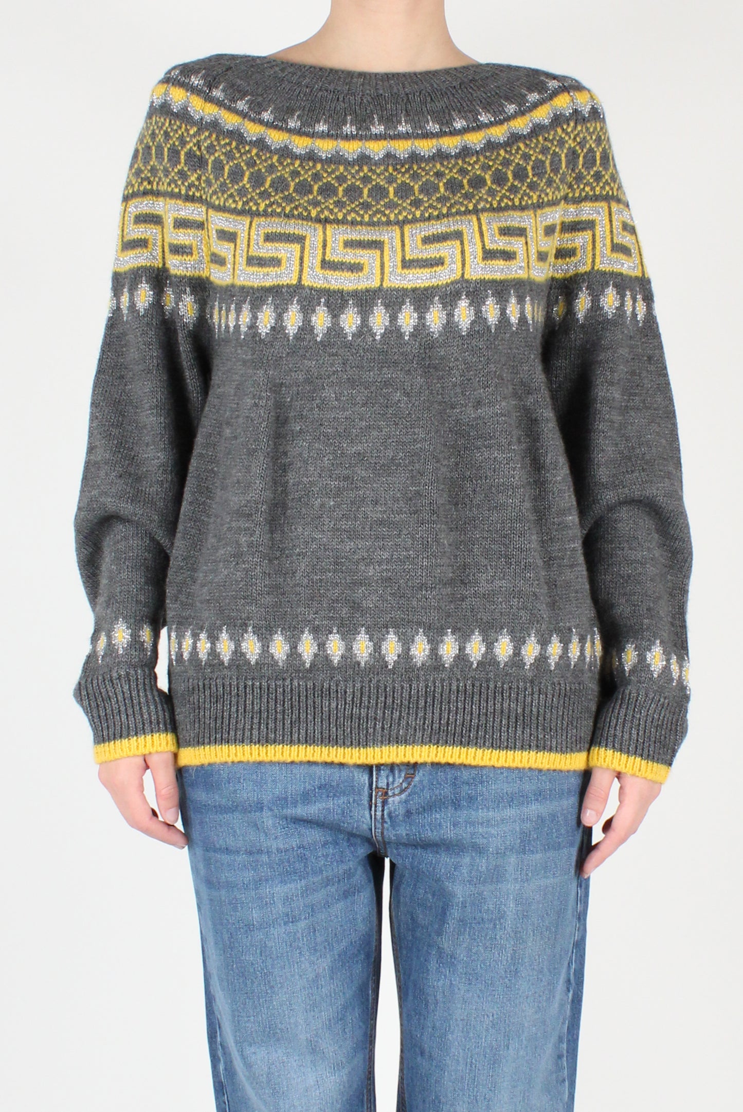 Geometric Decor Boat Neck Sweater