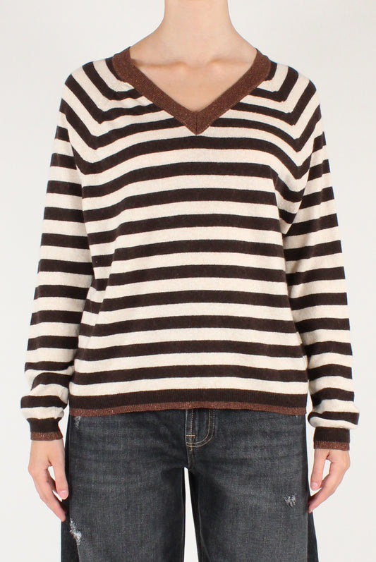 Maglione Scollo a V a Righe con Lurex