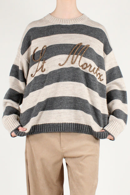 Maglione Over a Righe Scritta "St Moritz"