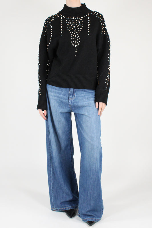 High Neck Sweater with Rhinestones