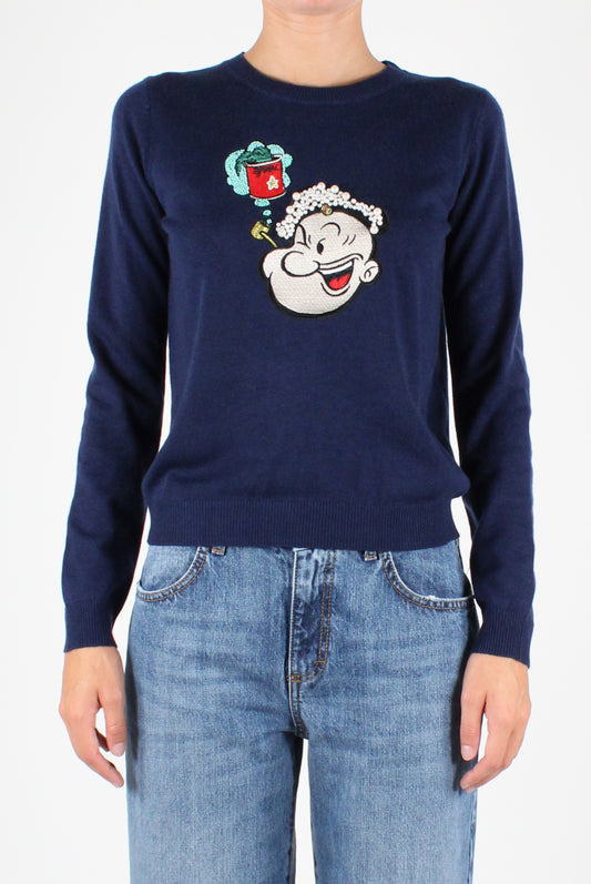 Popeye Embroidery Crewneck Sweater