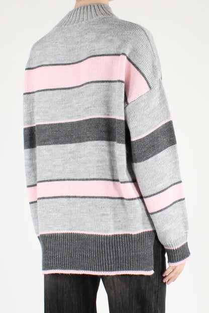 Maglione Over Collo Alto a Righe Multicolori