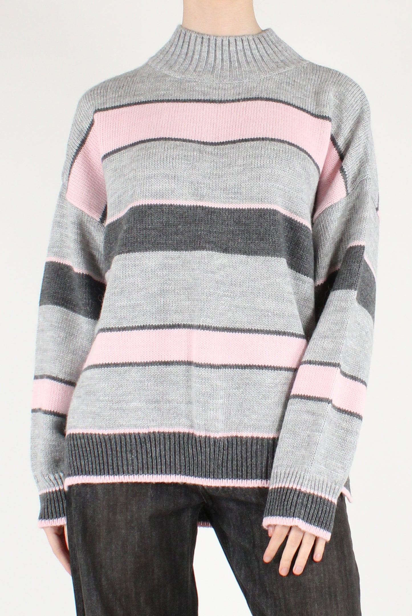 Maglione Over Collo Alto a Righe Multicolori