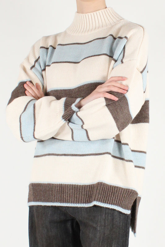 Maglione Over Collo Alto a Righe Multicolori