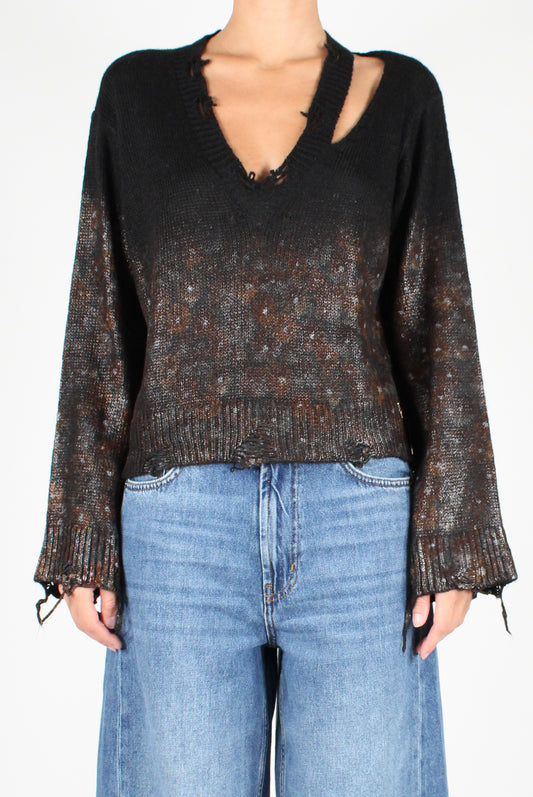 V-Neck Sweater with Laminated Cut-out