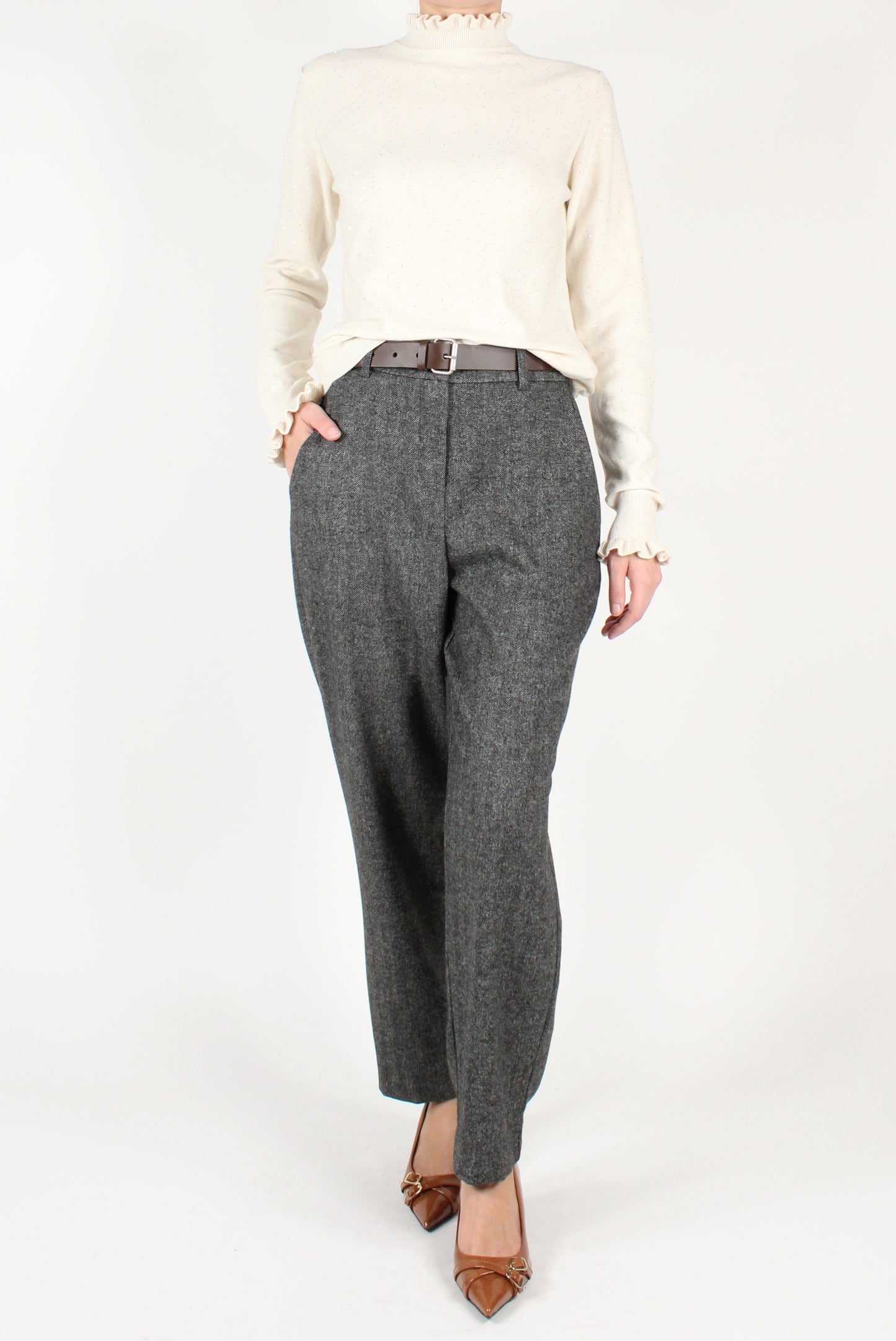 Balloon Trousers in Herringbone Fabric with Belt