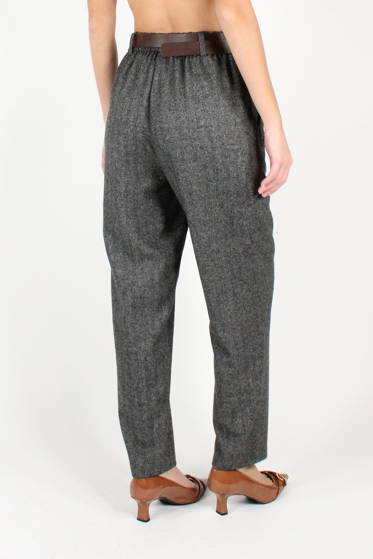 Balloon Trousers in Herringbone Fabric with Belt