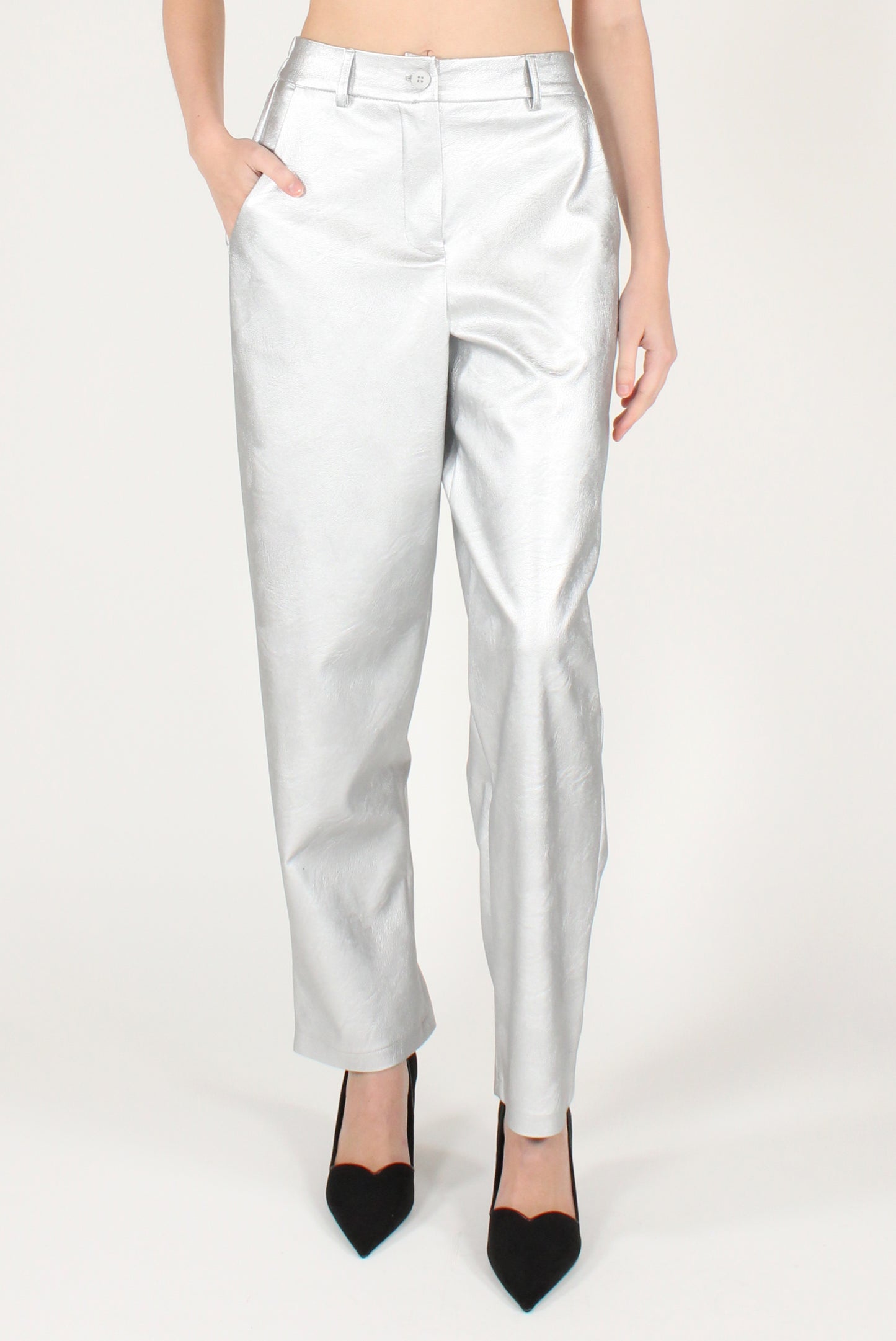 Pantaloni a Sigaretta in Ecopelle Metallizzata