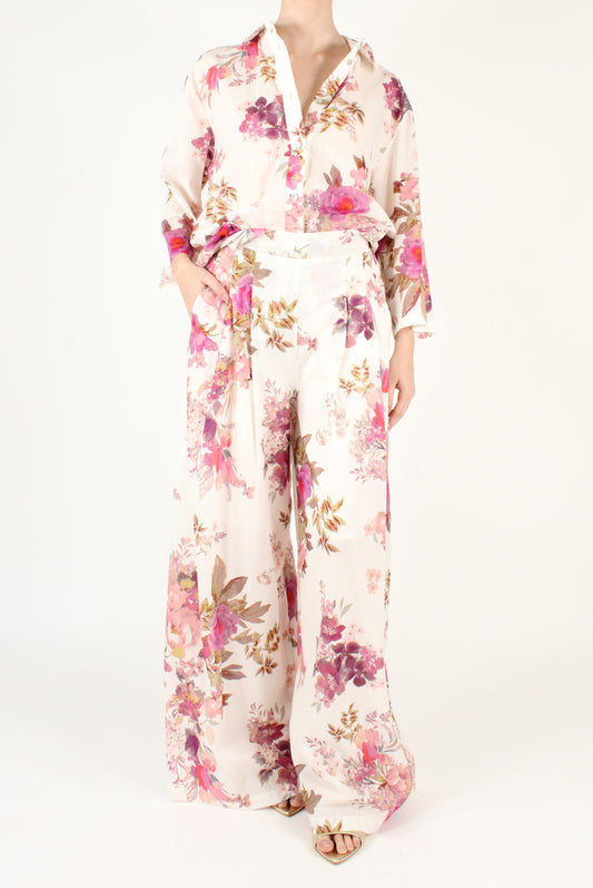 Floral Print Muslin Pleated Pants