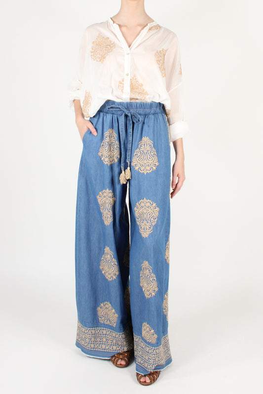 Wide Leg Denim Trousers with Contrast Embroidery