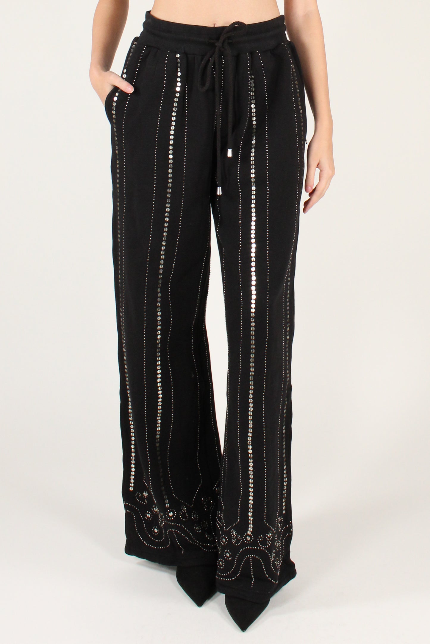 Pantaloni a Palazzo in Felpa con Perline e Paillettes