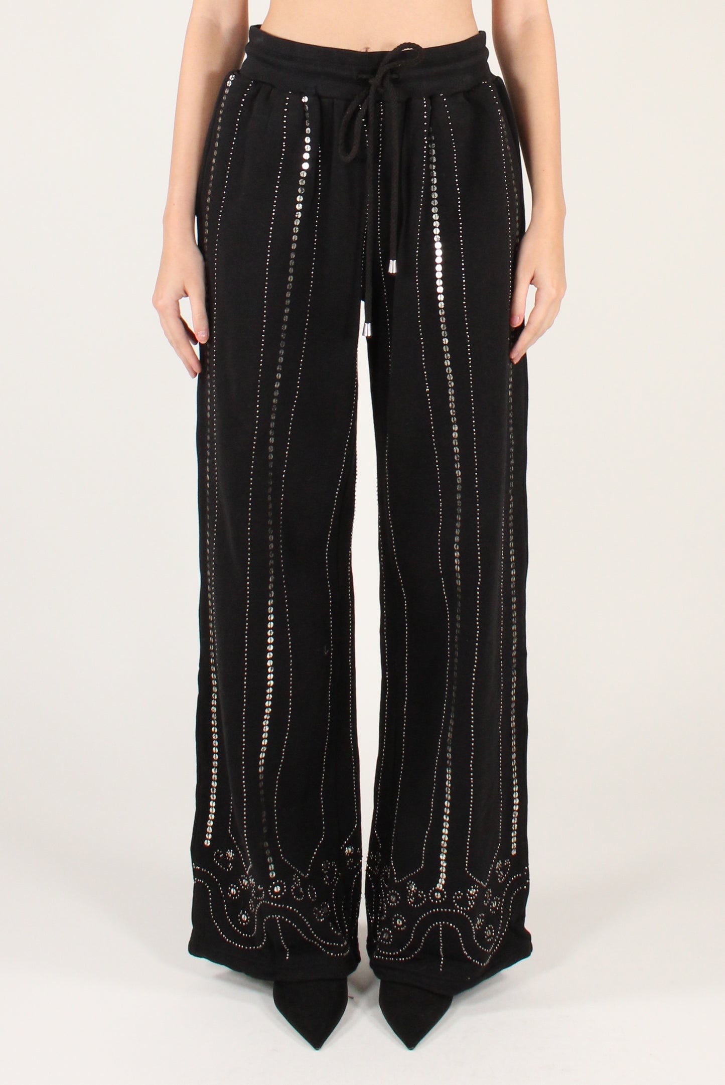 Pantaloni a Palazzo in Felpa con Perline e Paillettes