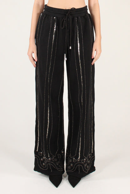 Pantaloni a Palazzo in Felpa con Perline e Paillettes