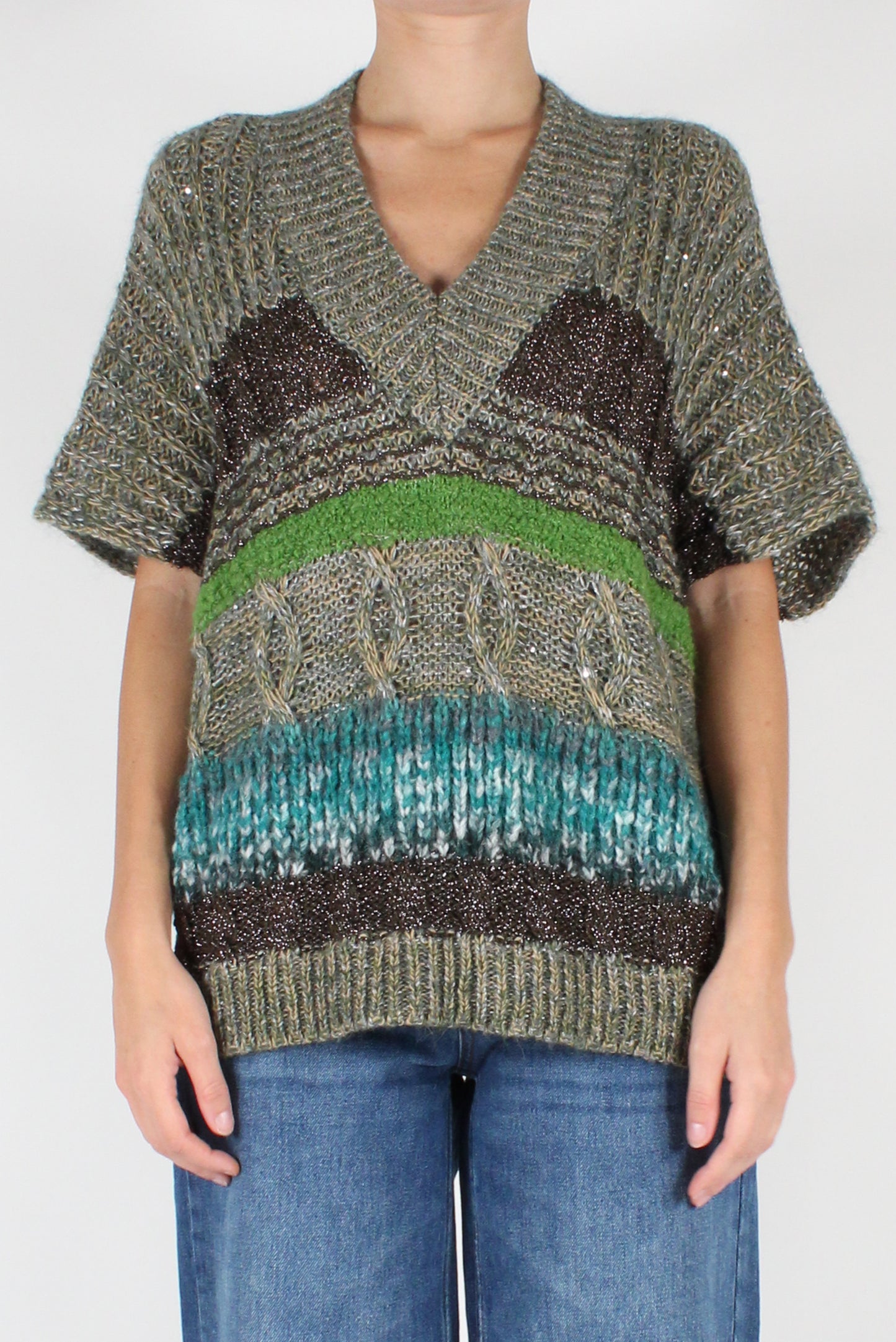 Wool Blend V-Neck Sweater with Lurex