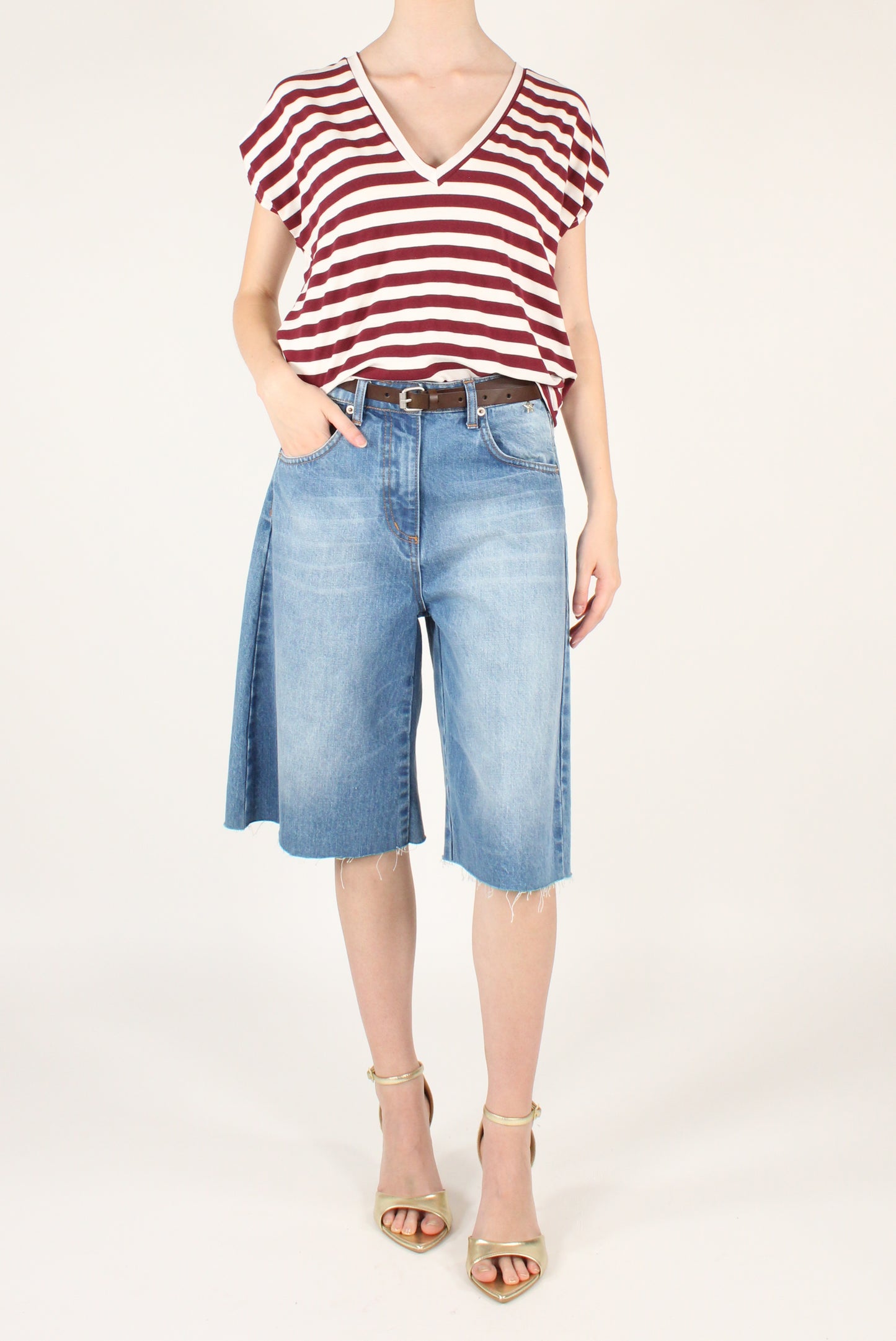 T-shirt Scollo a V a Righe