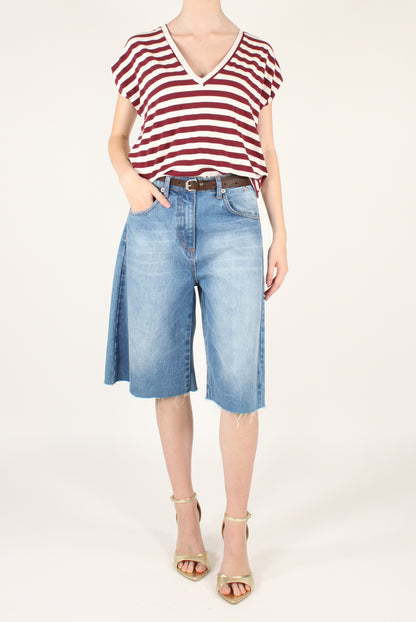 T-shirt Scollo a V a Righe