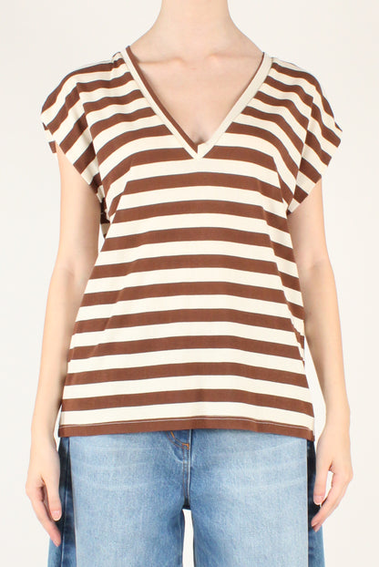 T-shirt Scollo a V a Righe