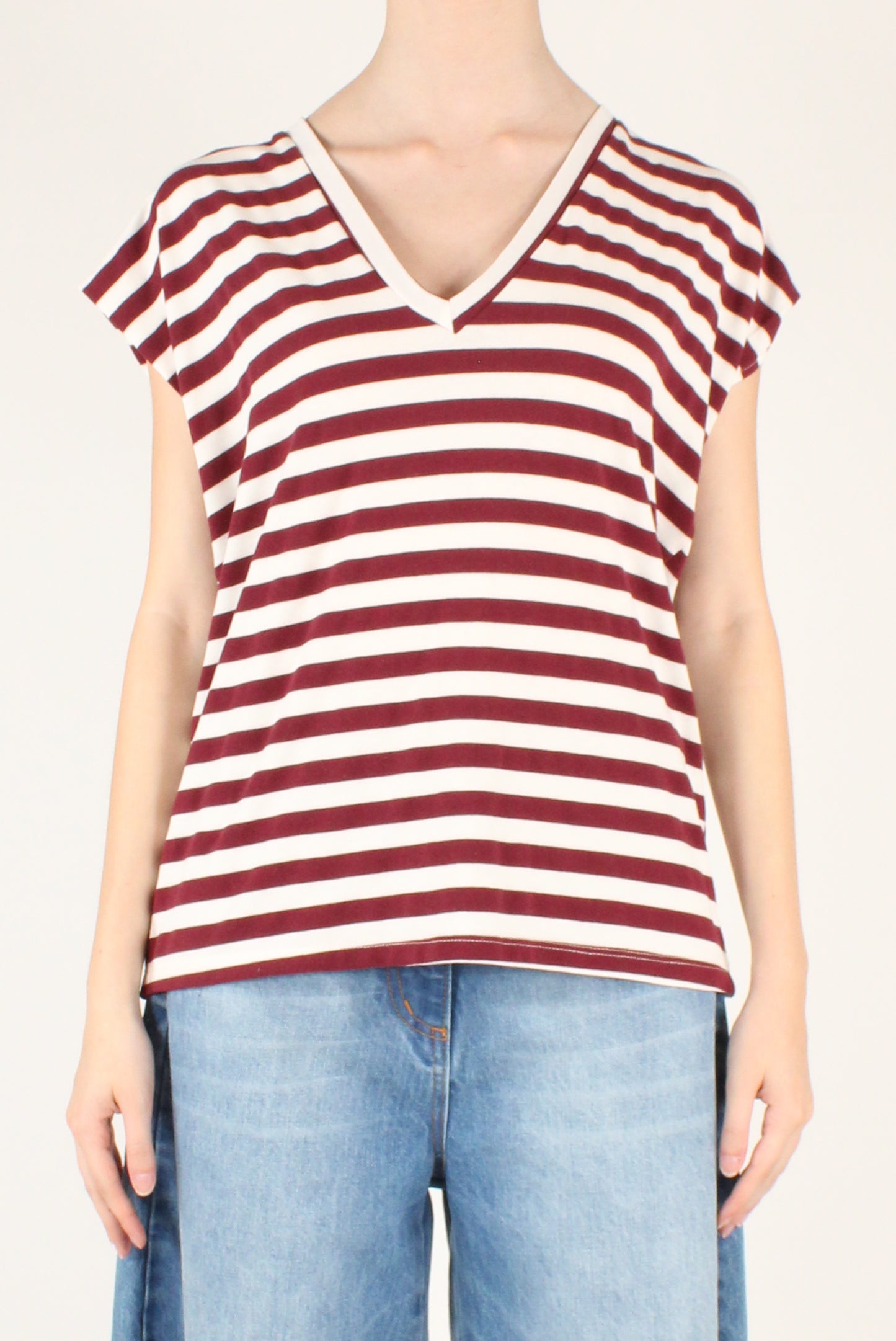 T-shirt Scollo a V a Righe