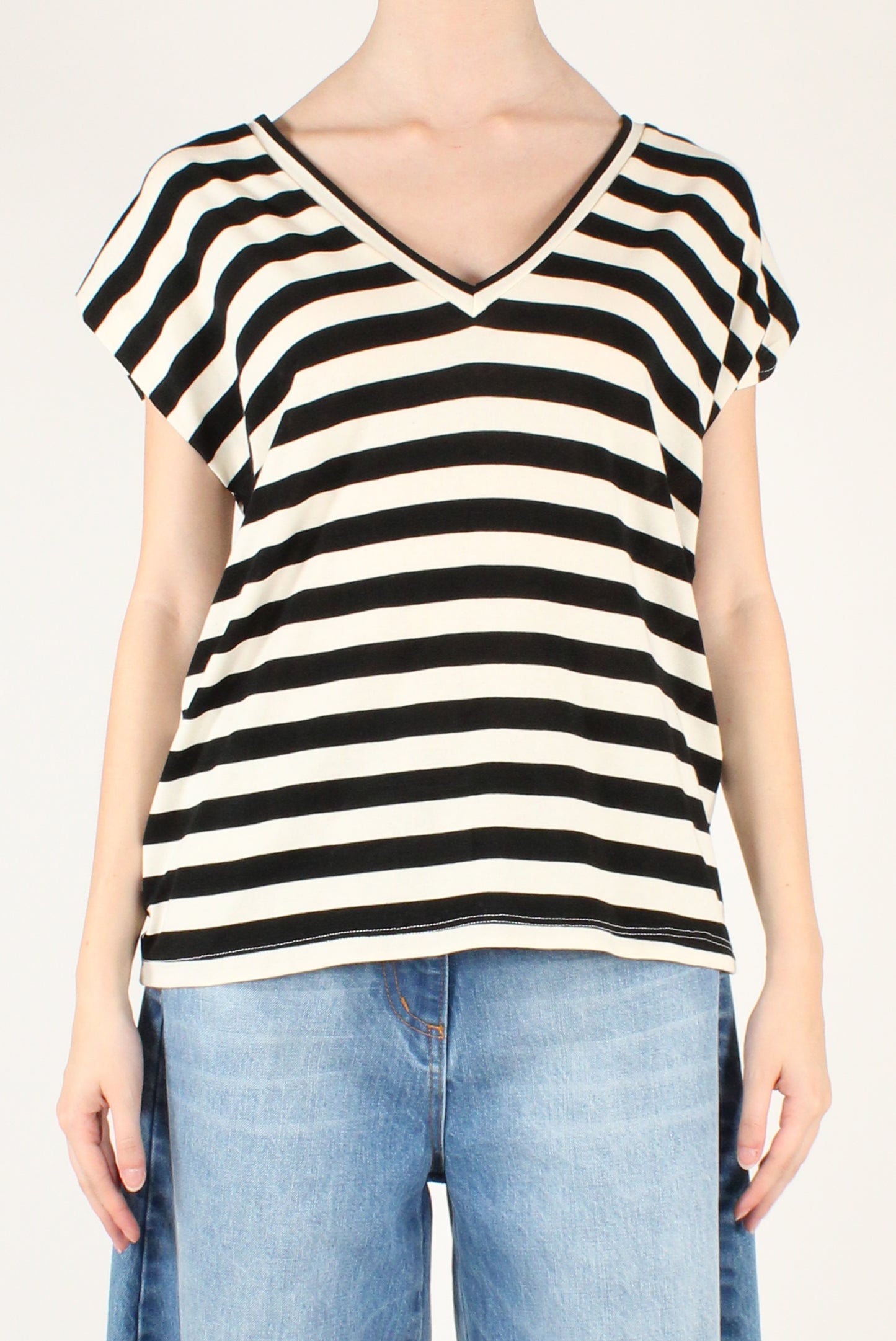 T-shirt Scollo a V a Righe