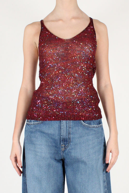 Top Scollo a V con Micro Paillettes Multicolori
