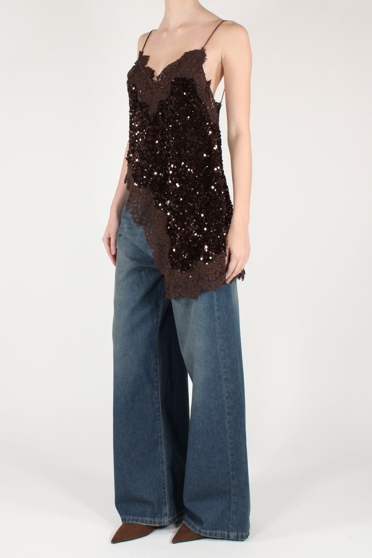 Top Asimmetrico Velluto con Paillettes e Pizzo
