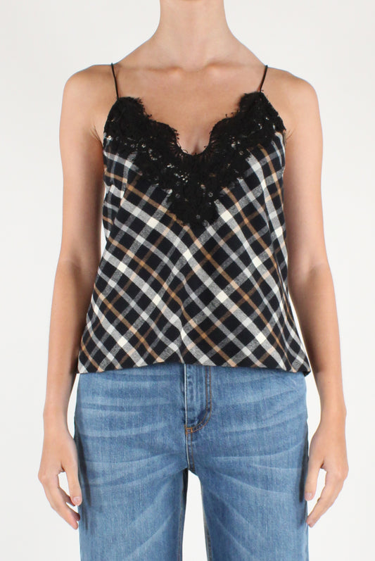 Top Smanicato in Tartan con Pizzo