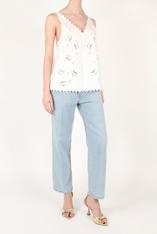 Top in Cotone con Ricami e Zig Zag