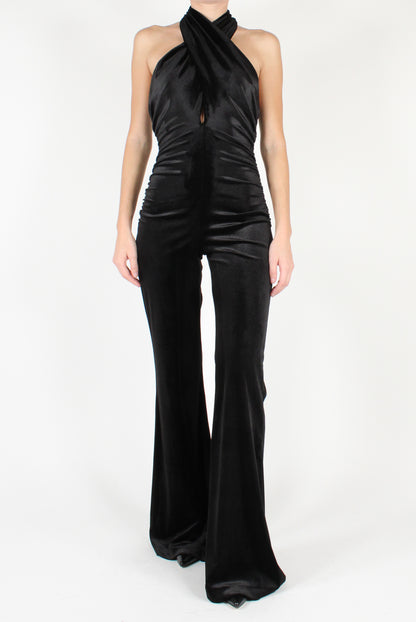 Velvet Jumpsuit with Crossover Neckline