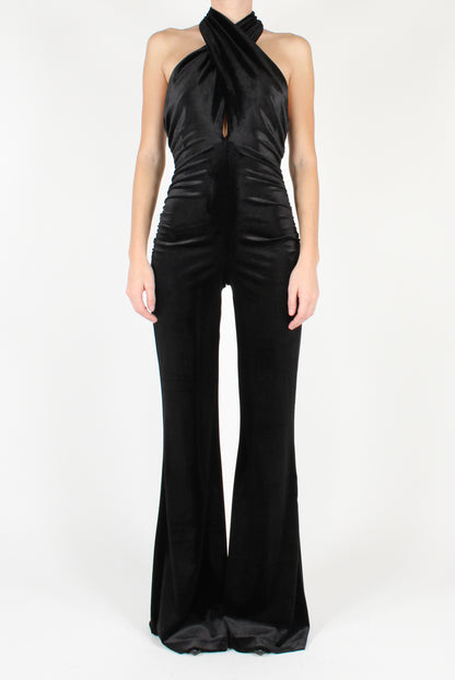 Velvet Jumpsuit with Crossover Neckline