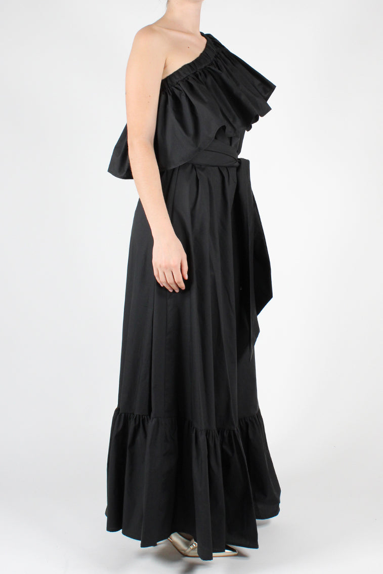 Long one-shoulder dress with ruffles