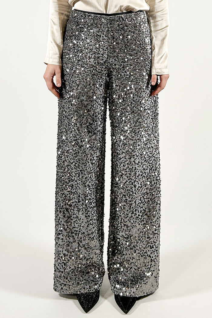 Pantaloni Gamba Dritta in Velluto e Paillettes