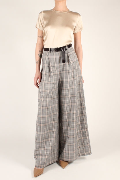 Extra Wide Leg Trousers with Pleats in Checkered Pattern