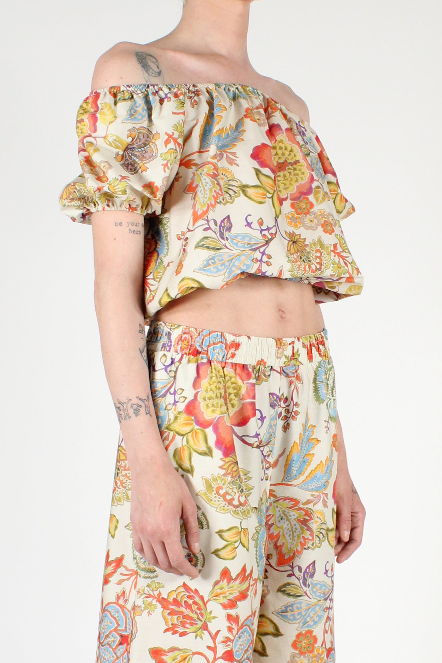 Bardot Neckline Floral Print Top in Pure Cotton