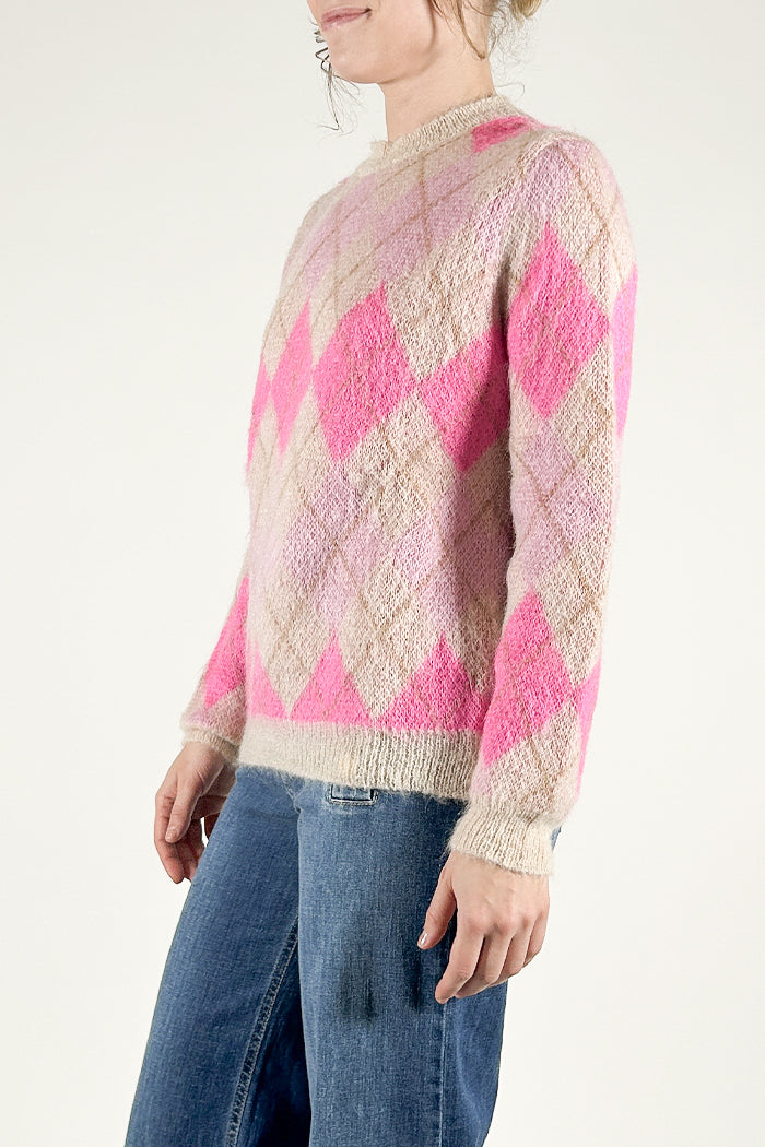 Mohair Blend Crew Neck Sweater with Argyle Pattern