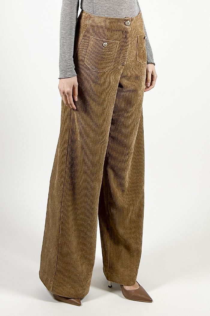 Palazzo Trousers with Pocket Detail and Golden Buttons in Corduroy