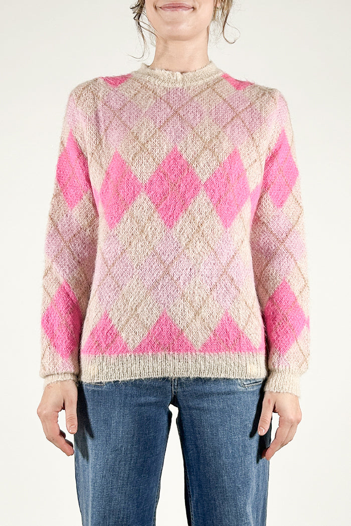 Mohair Blend Crew Neck Sweater with Argyle Pattern