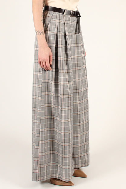 Extra Wide Leg Trousers with Pleats in Checkered Pattern