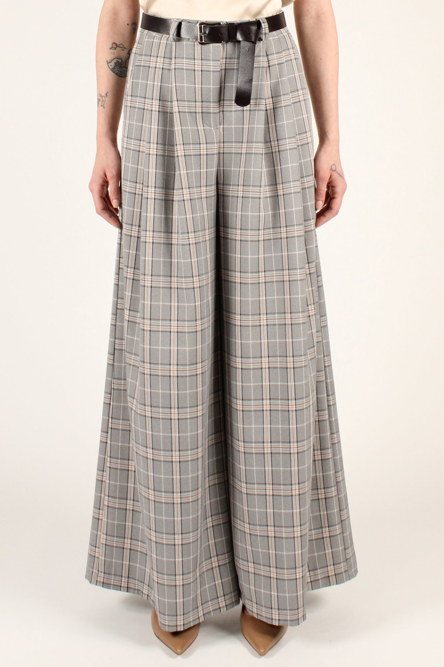 Extra Wide Leg Trousers with Pleats in Checkered Pattern