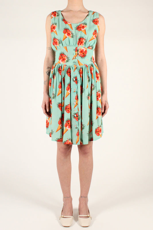 Short pleated dress with cone print