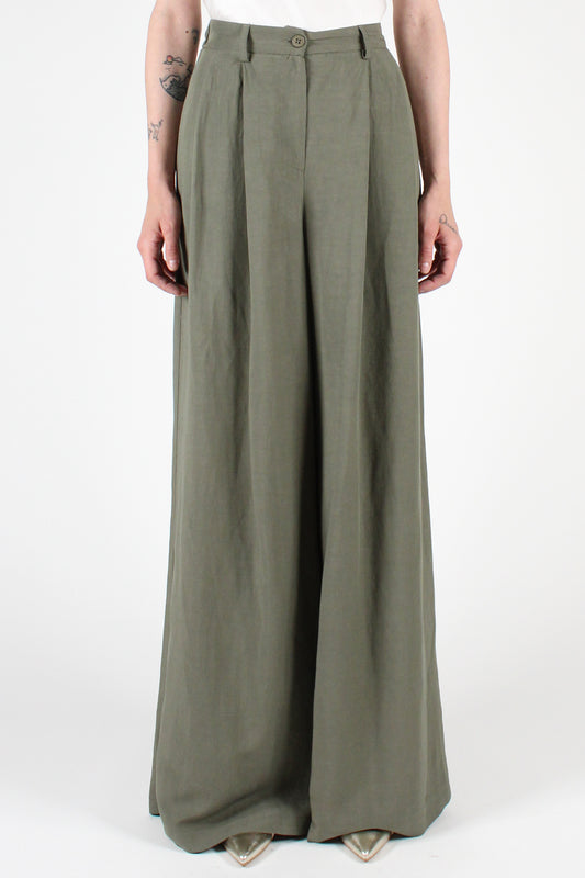 Palazzo Trousers with Pleats and Elastic in Linen and Viscose Blend